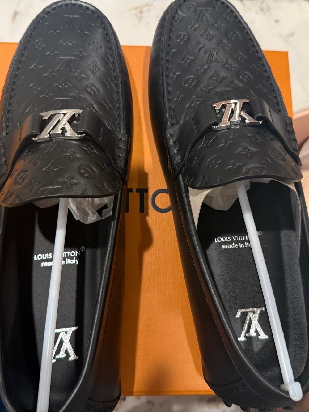 Louis Vuitton Black Embossed Monogram Penny Loafers with Silver LV Hardware